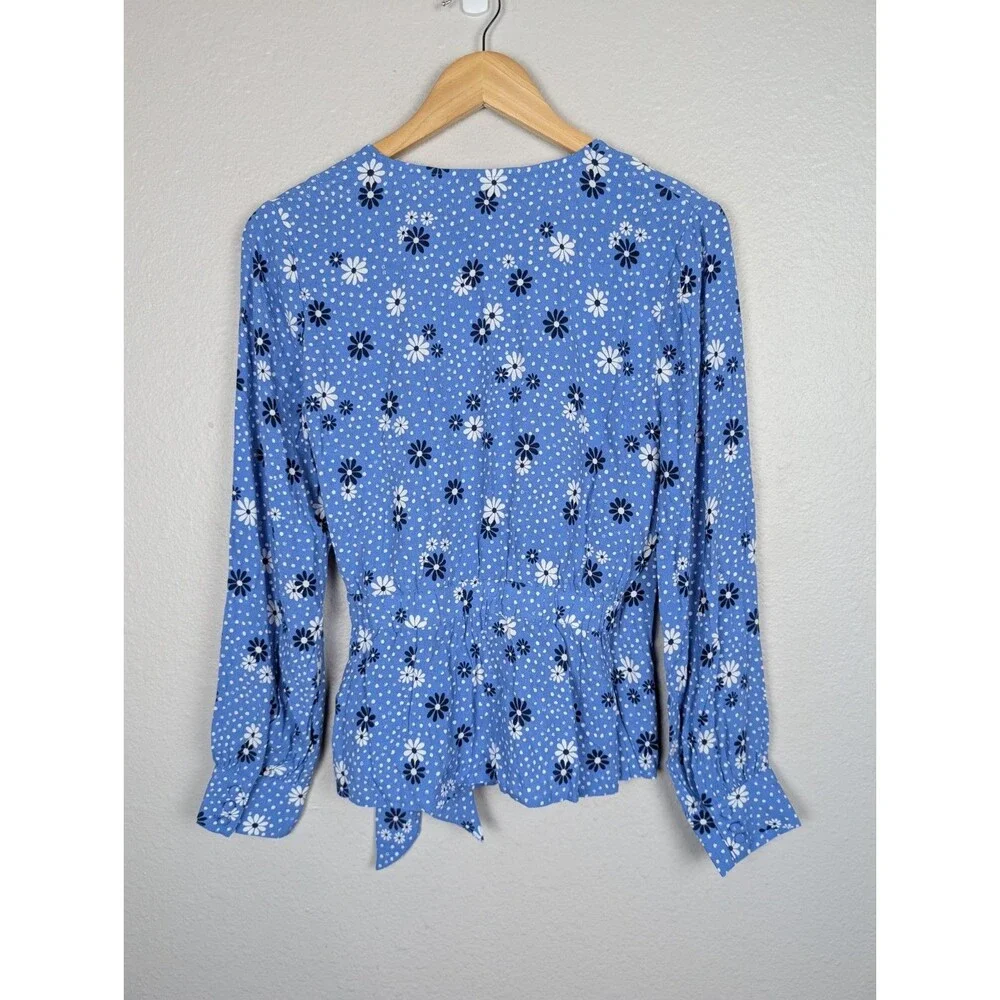 Talbots‎ Blue Floral Wrap Top Poet Sleeve Blouse Small